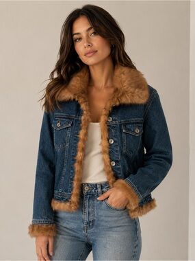Ferrara Faux Fur Collar Denim Jean Jacket 90s Y2K